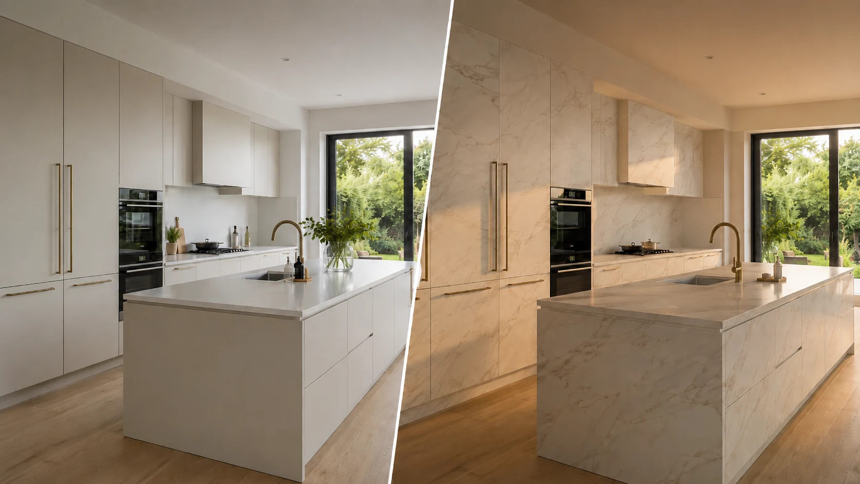 Grote keuken voor en na het wrappen met marmerlook interieurfolie.