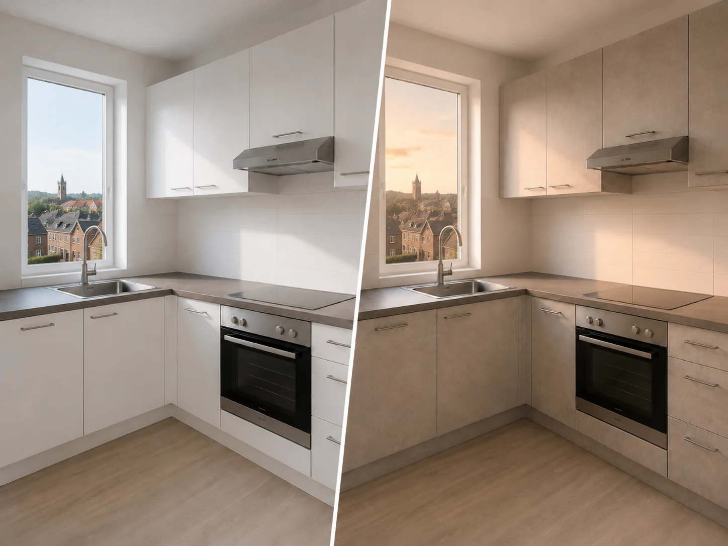 Grote keuken voor en na het wrappen met marmerlook interieurfolie.