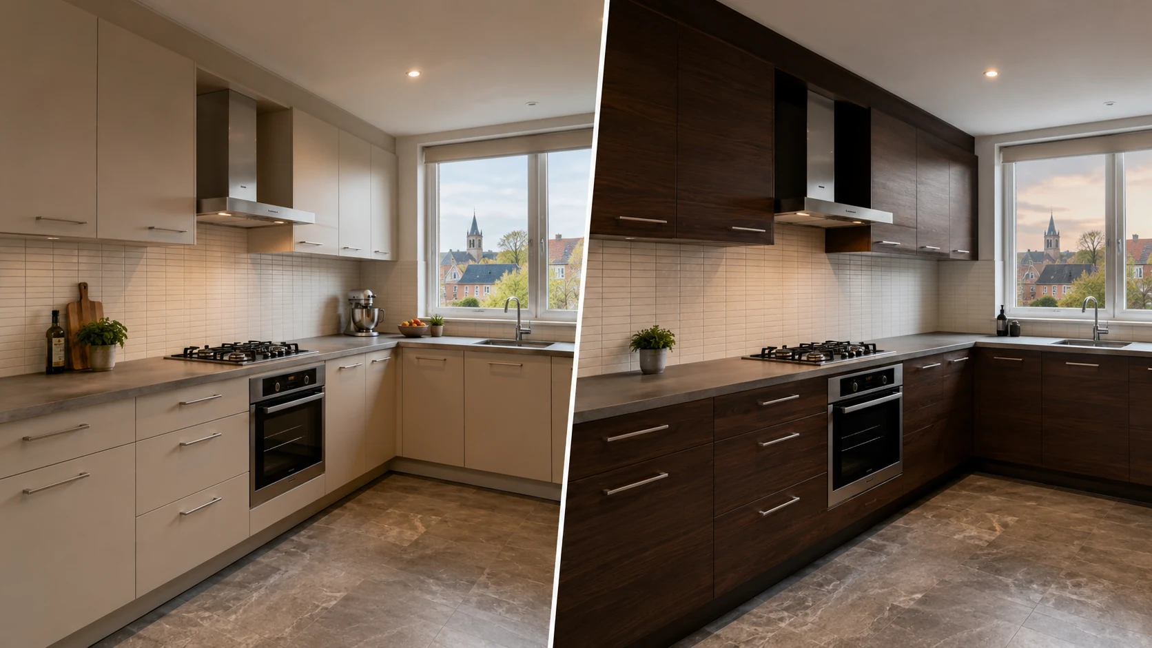 Middelgrote keuken voor en na het wrappen met donkere houtlook interieurfolie